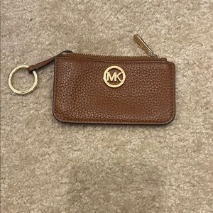 Michael Kors Pebbled Brown Leather MK Zip Key Case with Gold Hardware